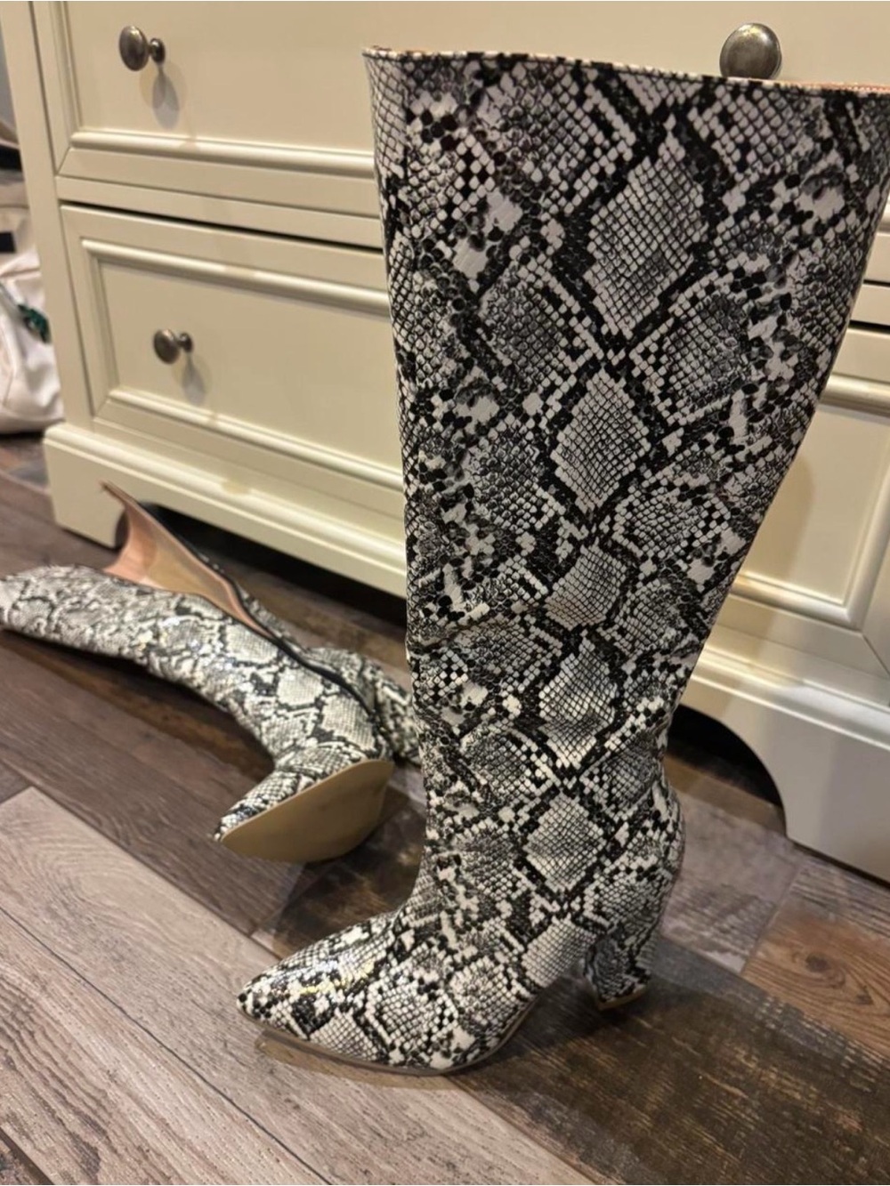 Snake Print Knee-High Heeled Boots - Black & White